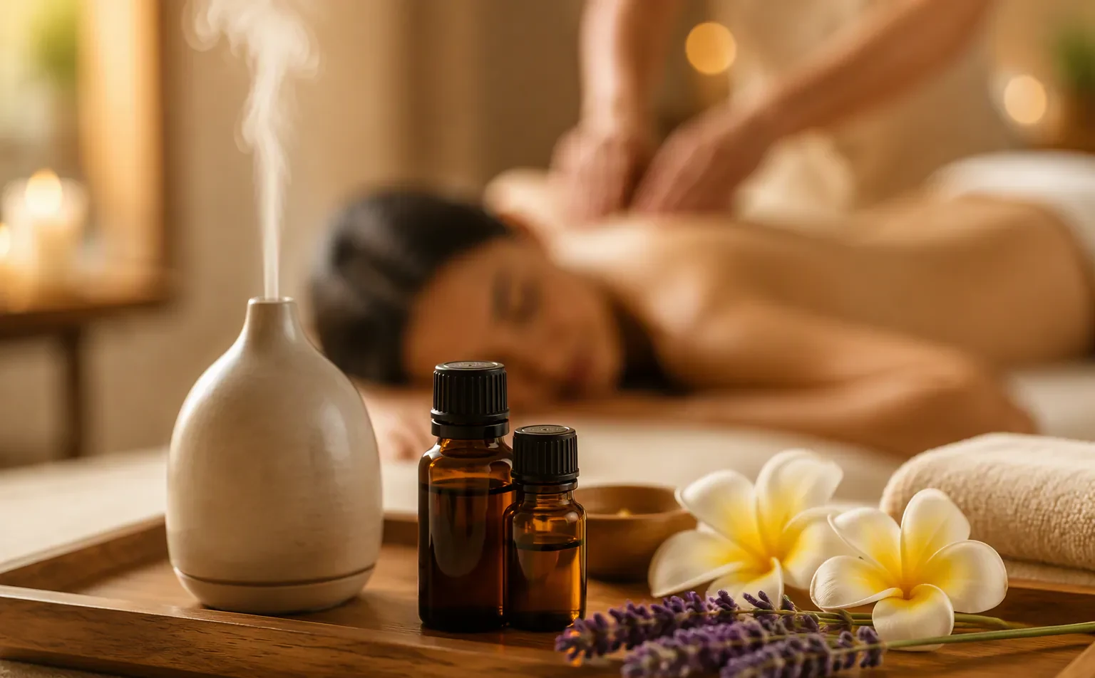 A ceramic diffuser and amber essential-oil bottles on a tray with frangipani and lavender