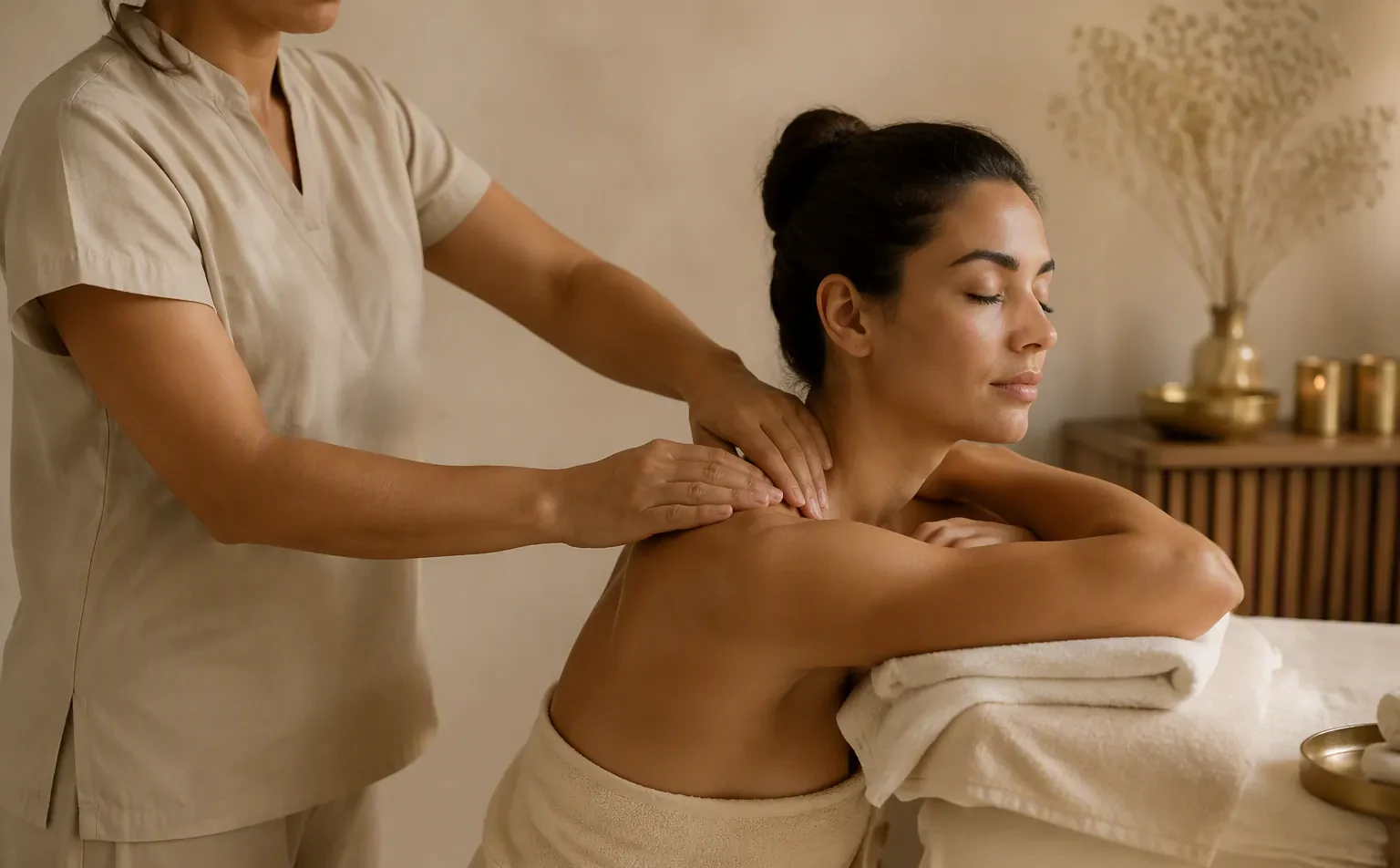 A therapist working on the shoulders of a guest resting forward on a towel