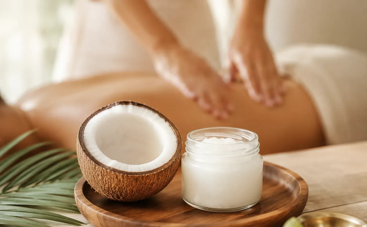 Half a coconut and a jar of coconut oil on a wooden plate with a palm leaf