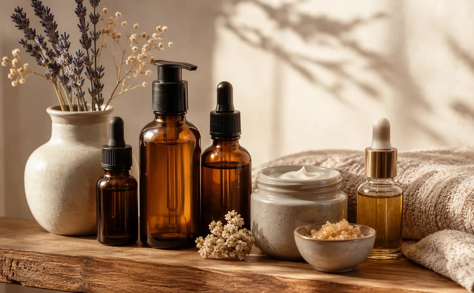 Amber oil bottles, a jar of salt and dried lavender on a wooden shelf