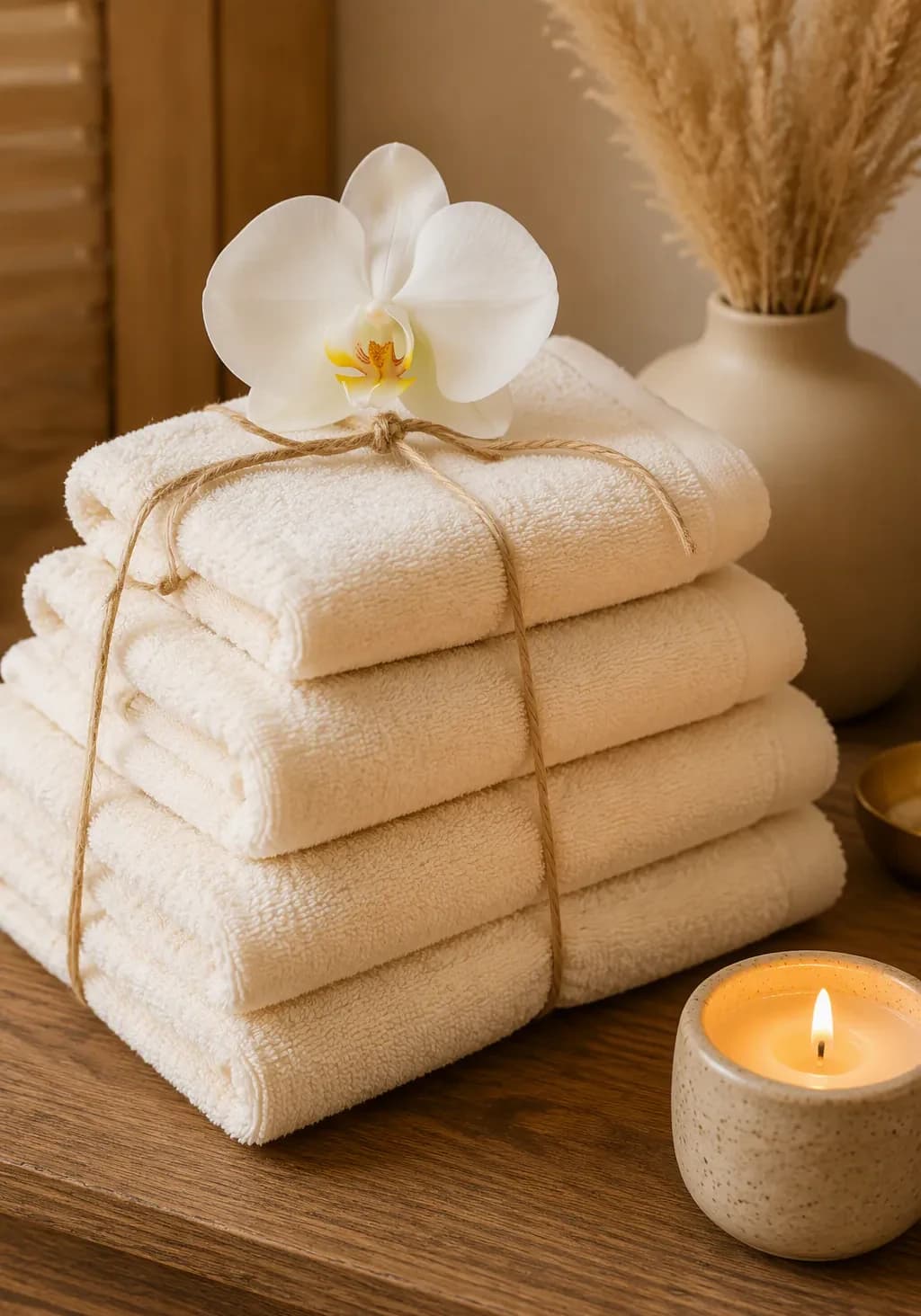 Folded towels tied with twine, topped with a white orchid beside a candle