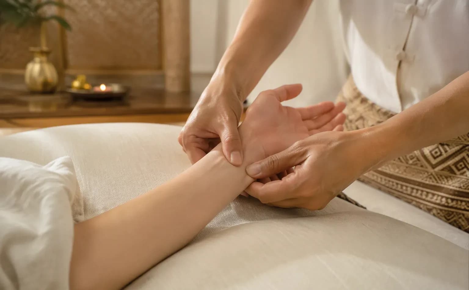 A close view of two hands working along a guest’s forearm
