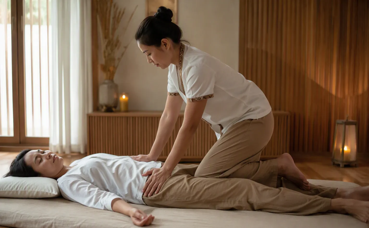 A therapist kneeling beside a guest lying face up on a floor mat