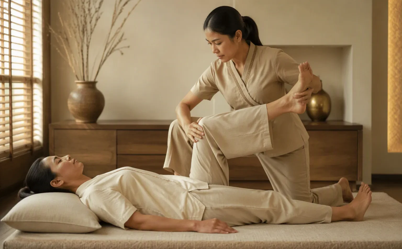 A therapist guiding a guest’s leg into a stretch on a floor mat
