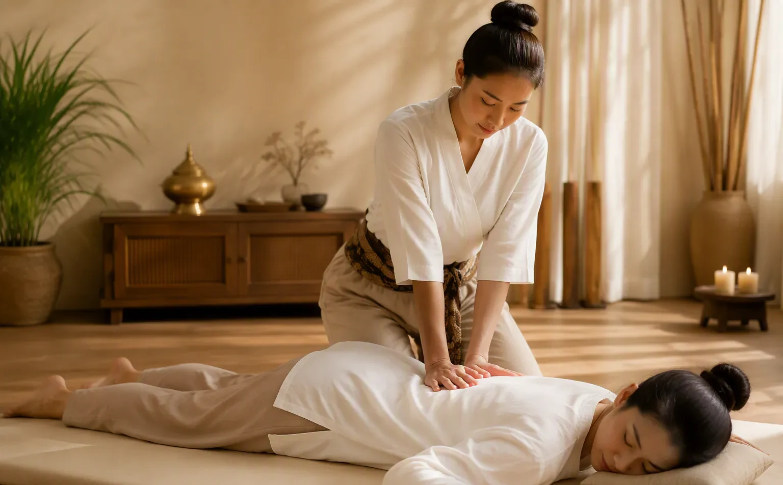 A therapist applying palm pressure along a guest’s back on a floor mat