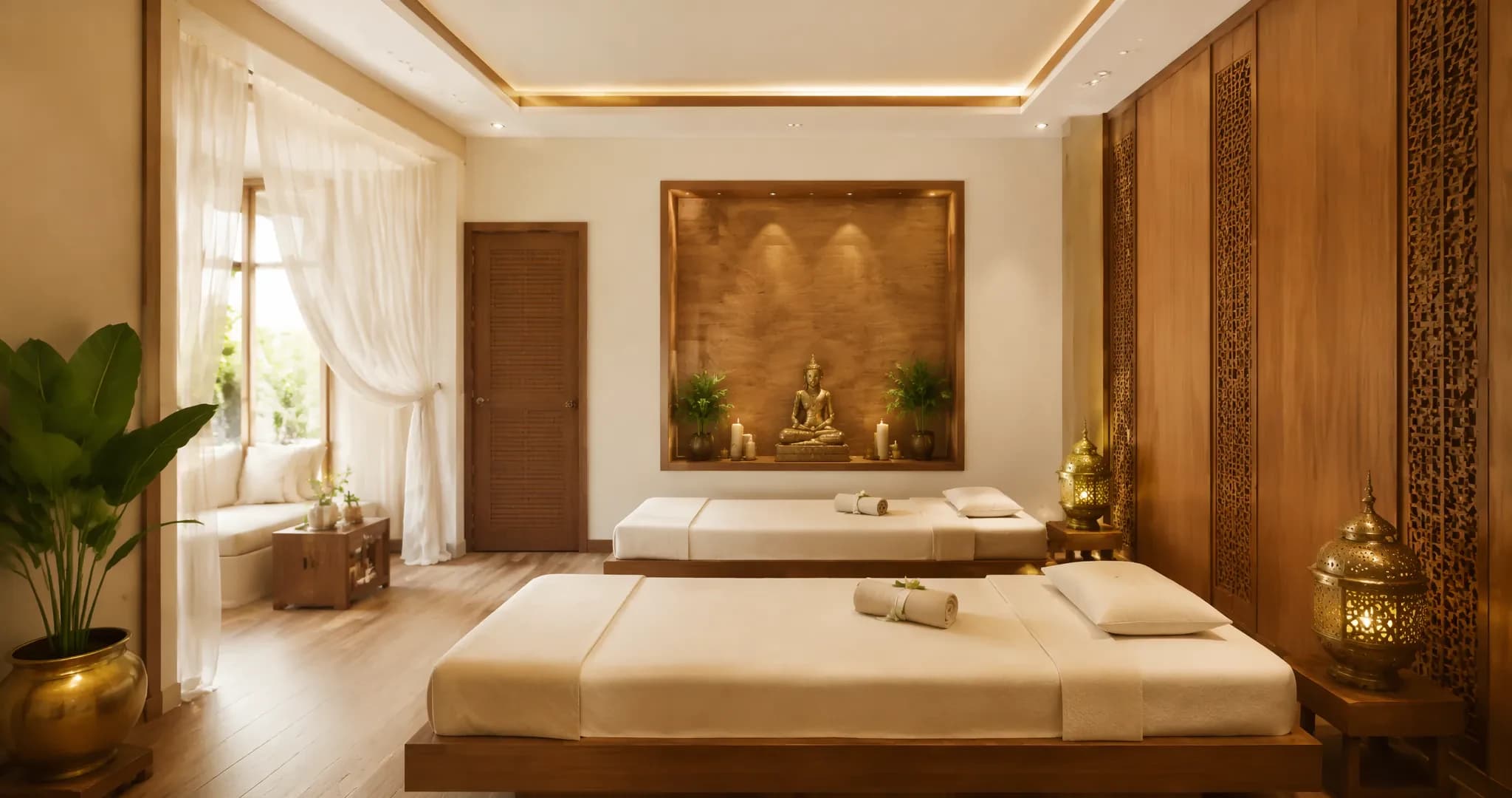 A wide view of the treatment room with two beds, carved wood panels and lanterns