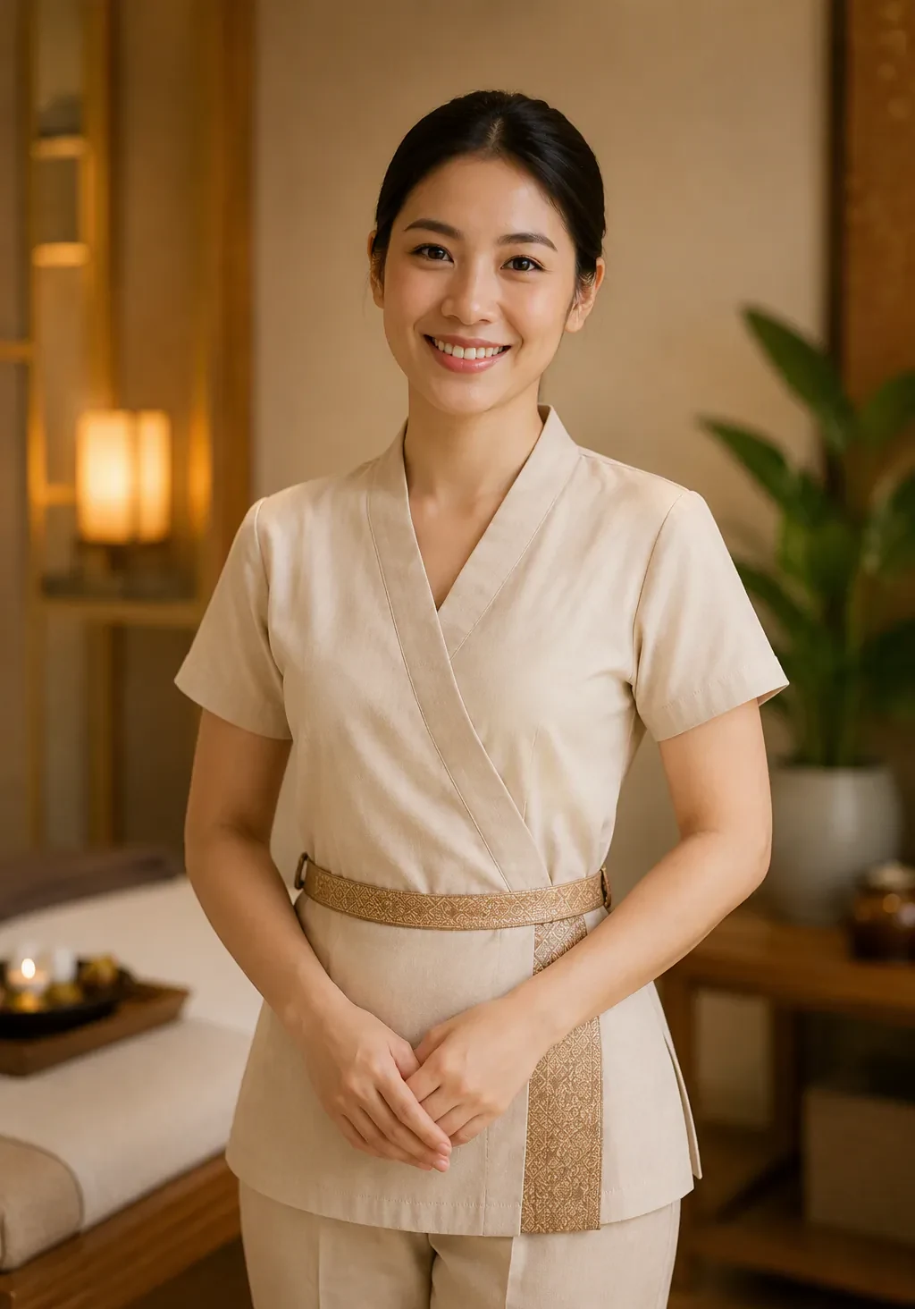 A therapist in uniform standing in a treatment room