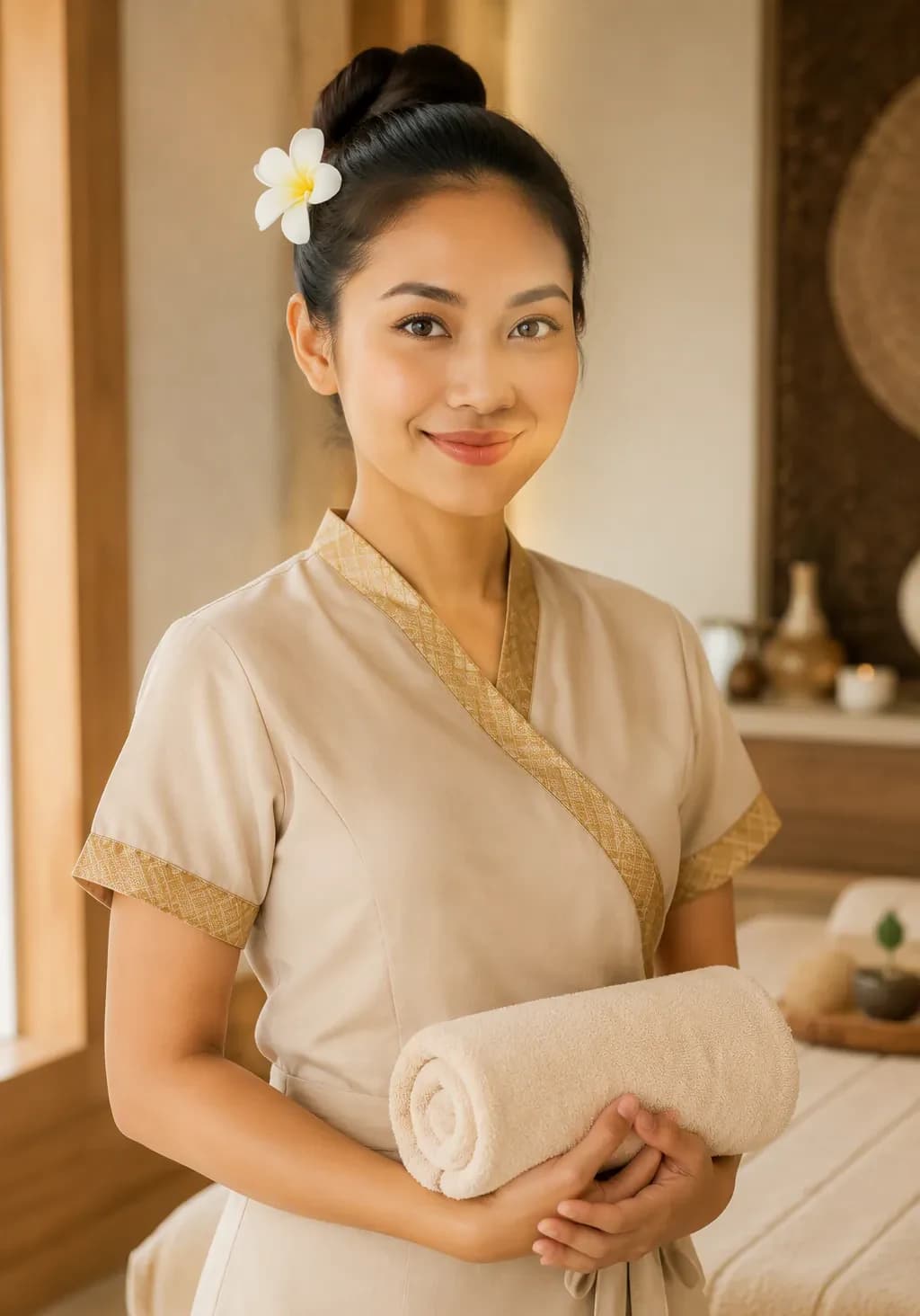 A therapist in uniform holding a rolled towel beside a made-up bed