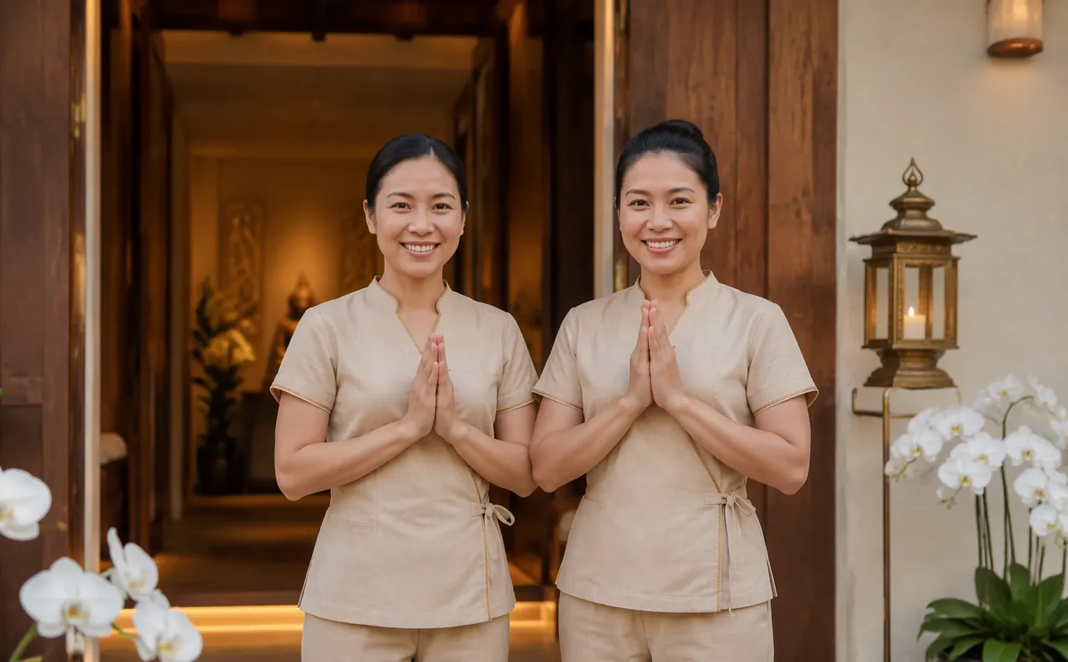 Two therapists in uniform greeting with palms pressed together at the door