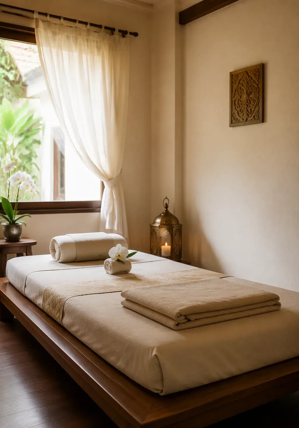 An empty treatment room with a wooden bed, folded linens and a curtained window