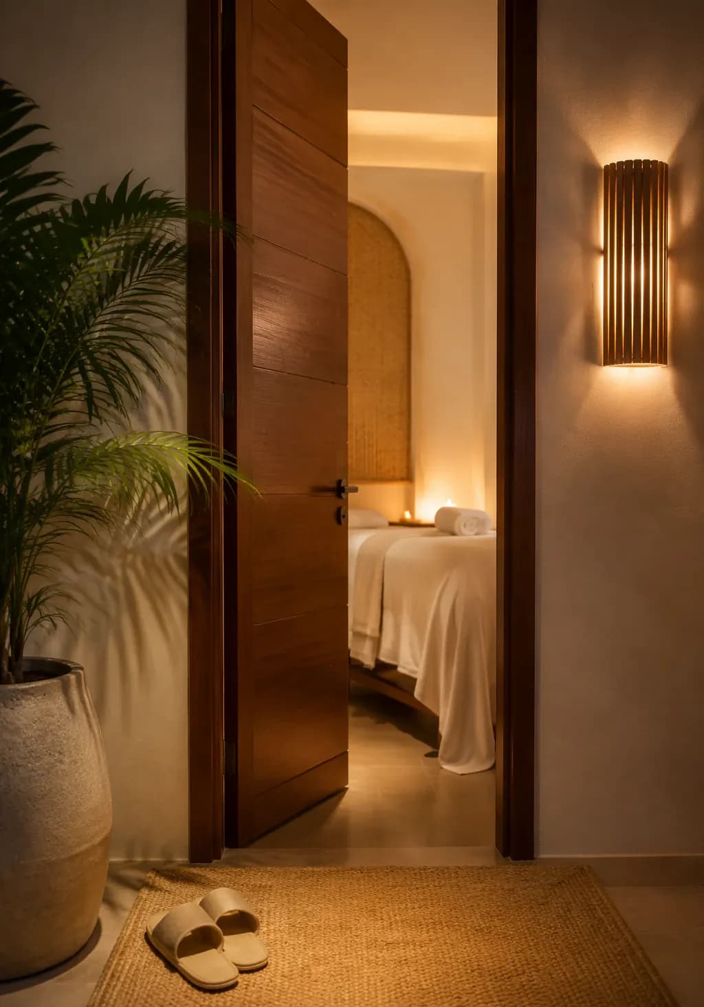 A lit hallway leading to a treatment room, with slippers by the door