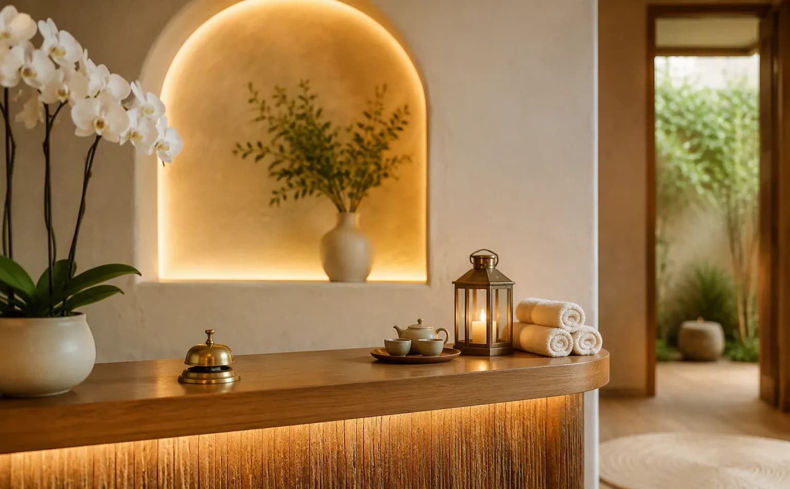 A wooden reception counter with orchids, a brass bell and rolled towels