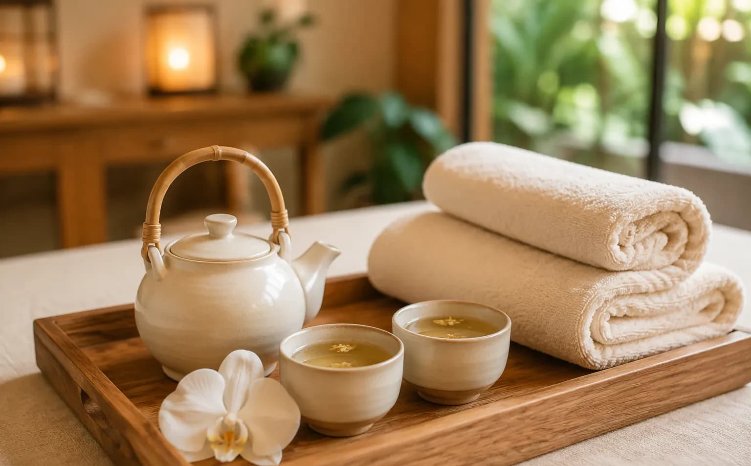 A teapot and two cups of tea on a wooden tray beside folded towels and an orchid